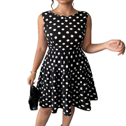 Plus size retro mouwloze jurkje  met parels stippenprint en strik