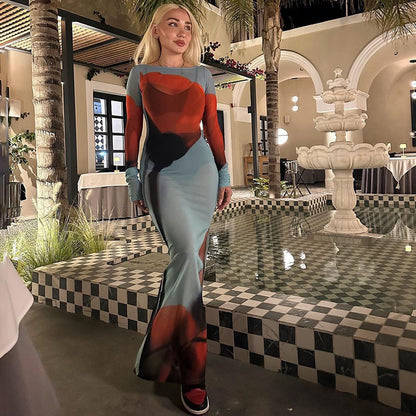 Summer new printed crew-neck dress female fashion sexy gauze see-through slit skirt