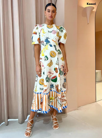 Short Sleeve Fashion Vintage Print Maxi Dress Casual Summer Round Neck Puff Sleeve Loose Women Long Dress Slim Fit Elegant Robe