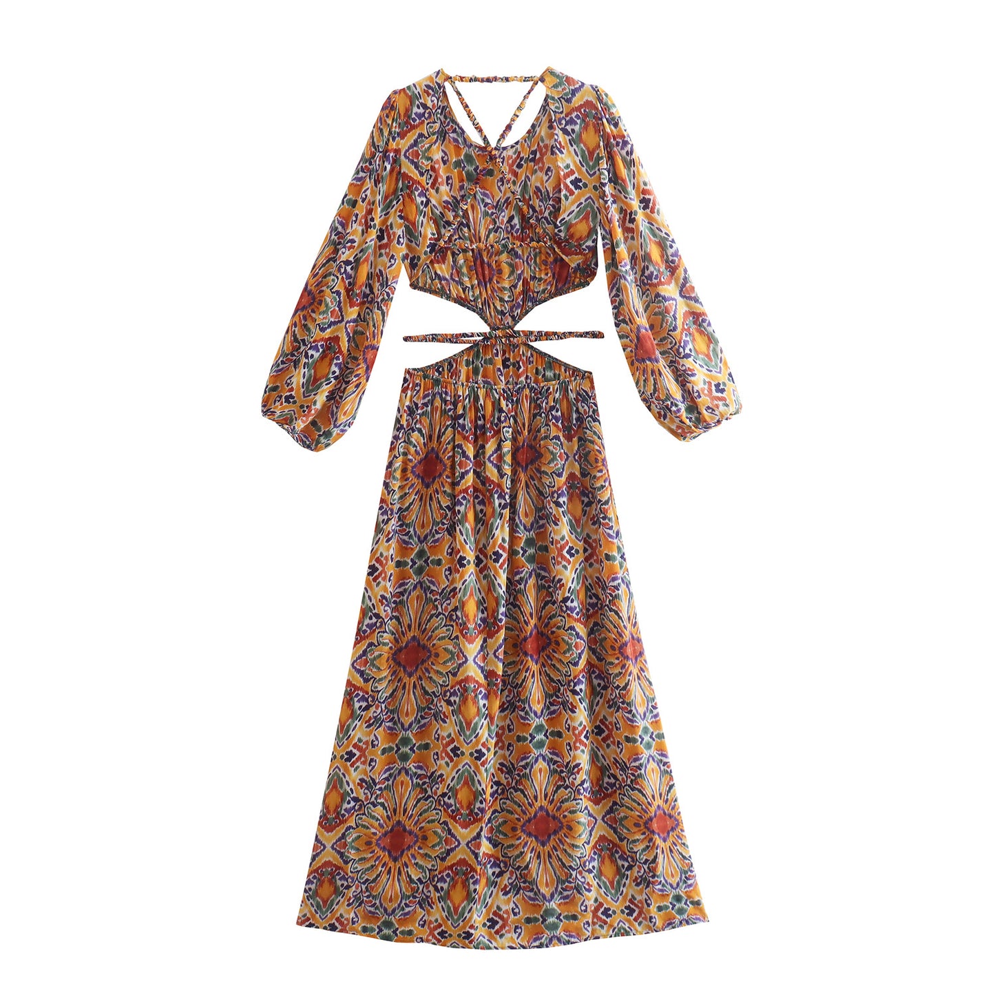 Summer New Cutout Print Puff Sleeves Open Back Long Dress