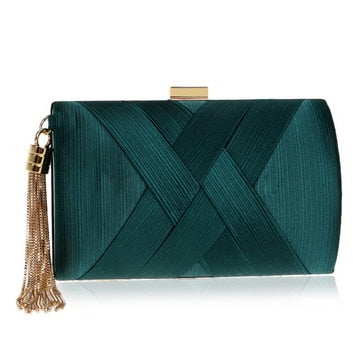 Luxury Lady Women Clutch Bags Tassel Golden Satin Evening Bags Wedding Bridal Handbags Shoulder Chain Purse