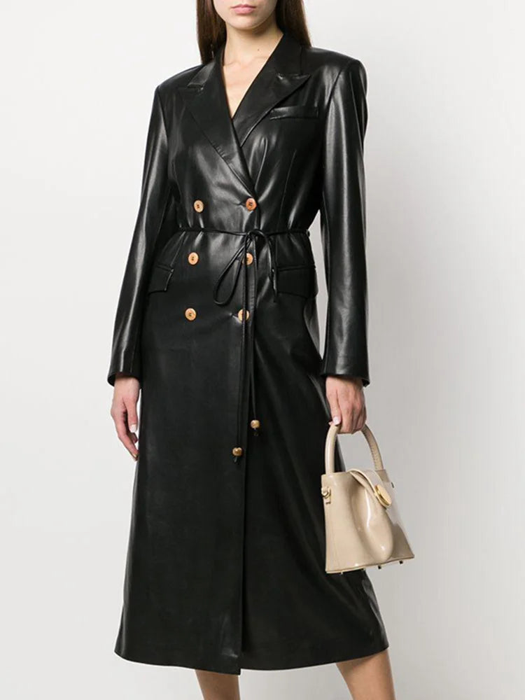 Luxe trenchcoat van PU-leer voor dames met vetersluiting in de taille