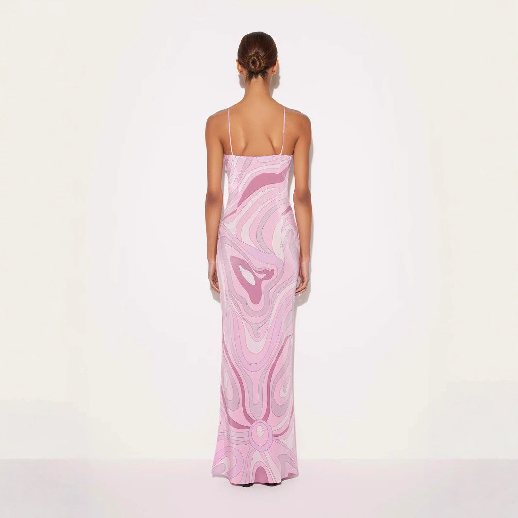 Elegant Satin Printed Sexy Strapless Slit Dress