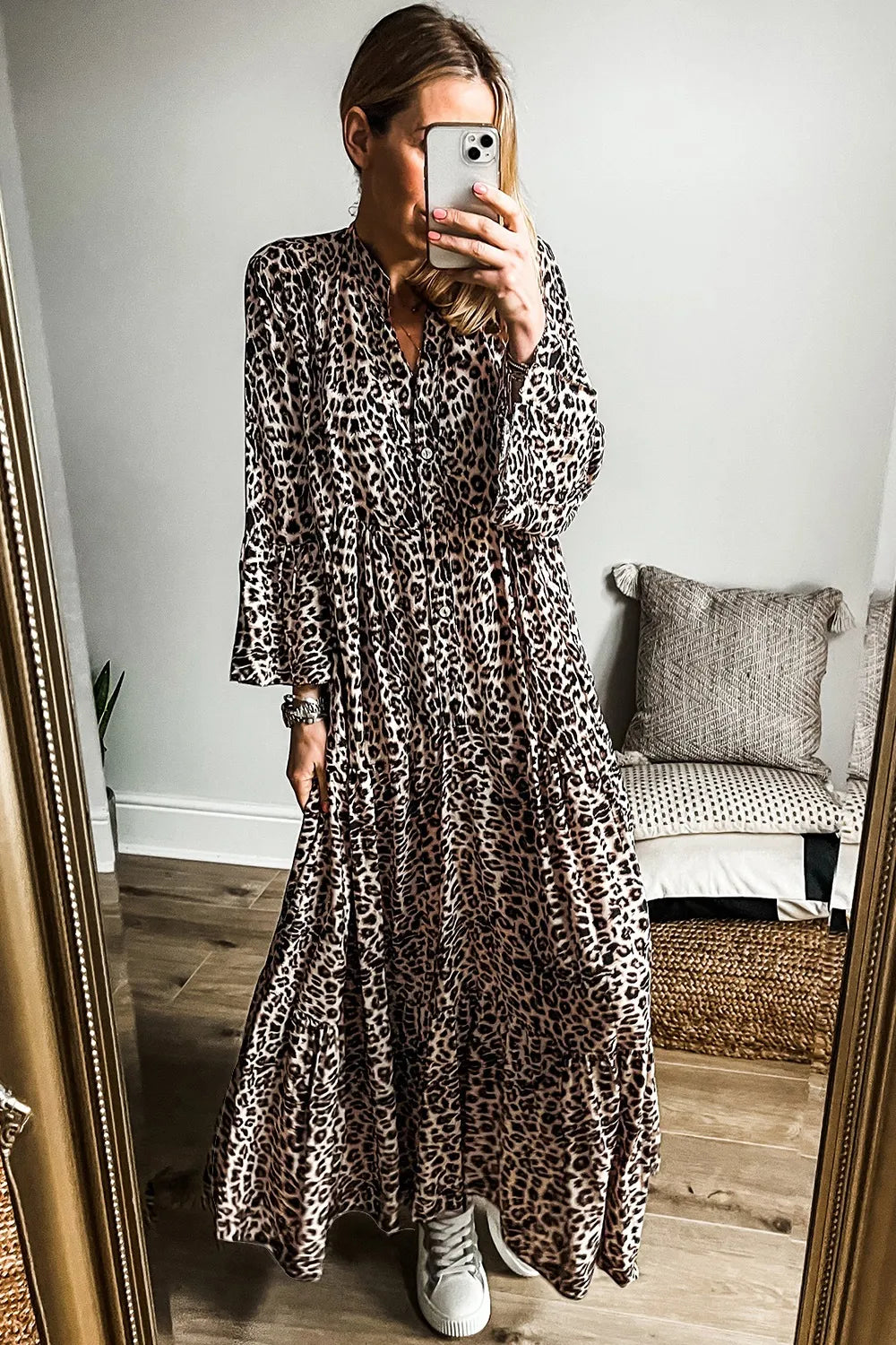 Maxi-jurk met lange mouwen en luipaardprint en inkepingen