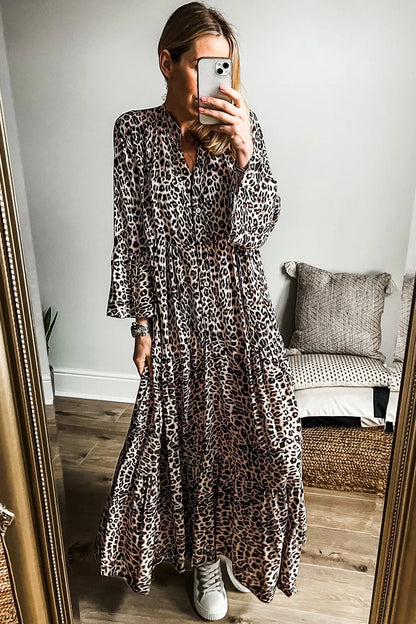 Maxi-jurk met lange mouwen en luipaardprint en inkepingen