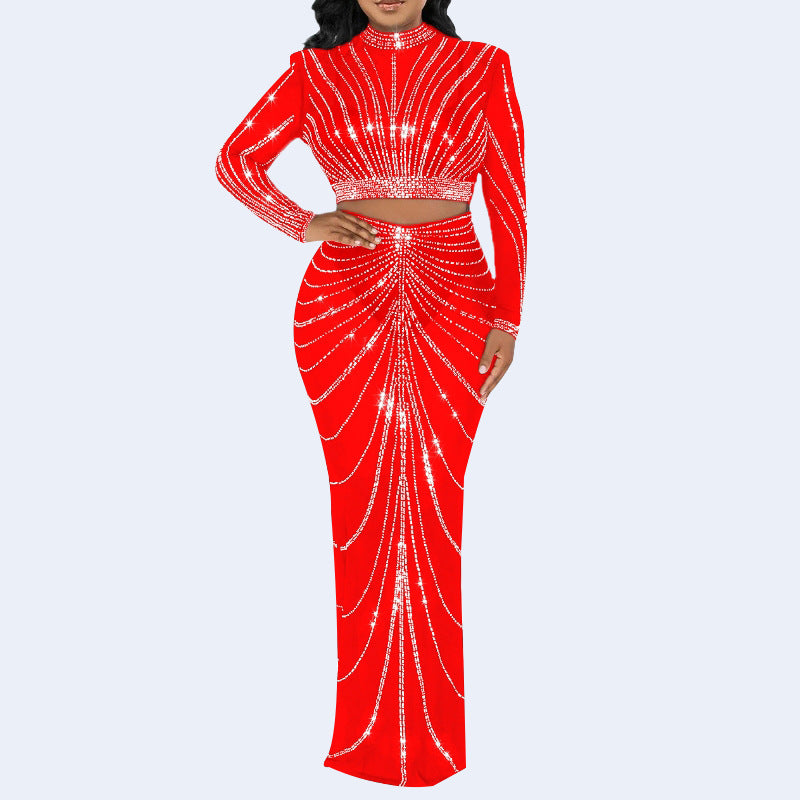 Women's Long Sleeve Dress Set with Mesh and Rhinestone