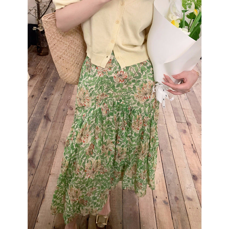 Echoo Linen Print Midi Skirt Rustic Romantic Style Casual Bohemian Mid-Length Skirt