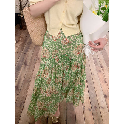 Echoo Linen Print Midi Skirt Rustic Romantic Style Casual Bohemian Mid-Length Skirt