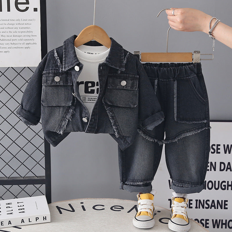 Clothing for male baby autumn denim long sleeved three piece set