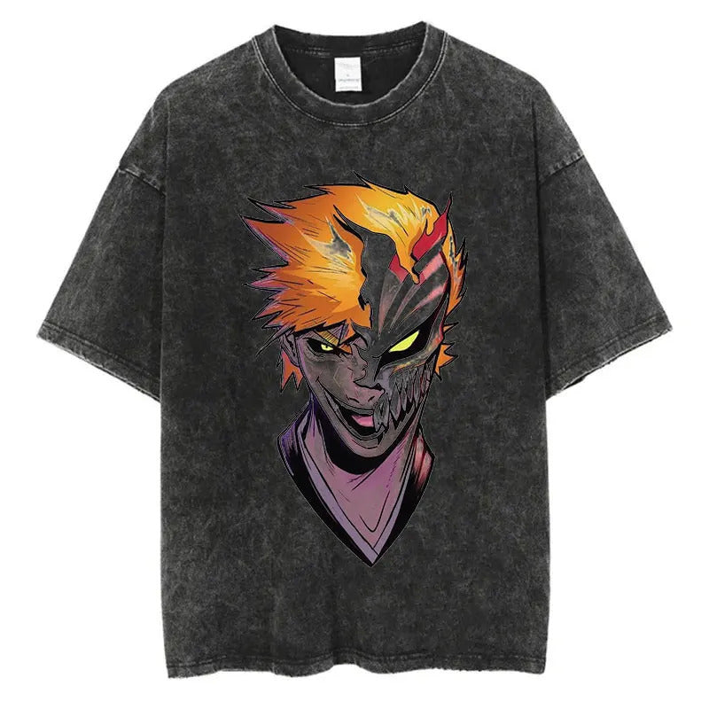 Anime Printed T-Shirt Summer Cotton Washed Vintage Short Sleeve