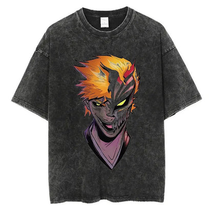 Anime Printed T-Shirt Summer Cotton Washed Vintage Short Sleeve