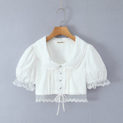 Doll collar lace patchwork bubble sleeves mesh white top