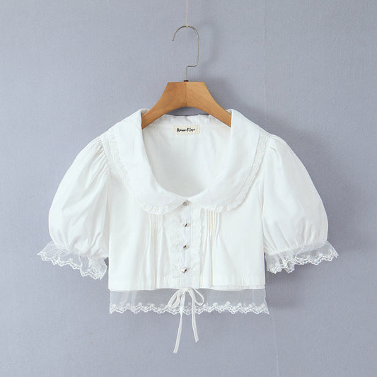 Doll collar lace patchwork bubble sleeves mesh white top