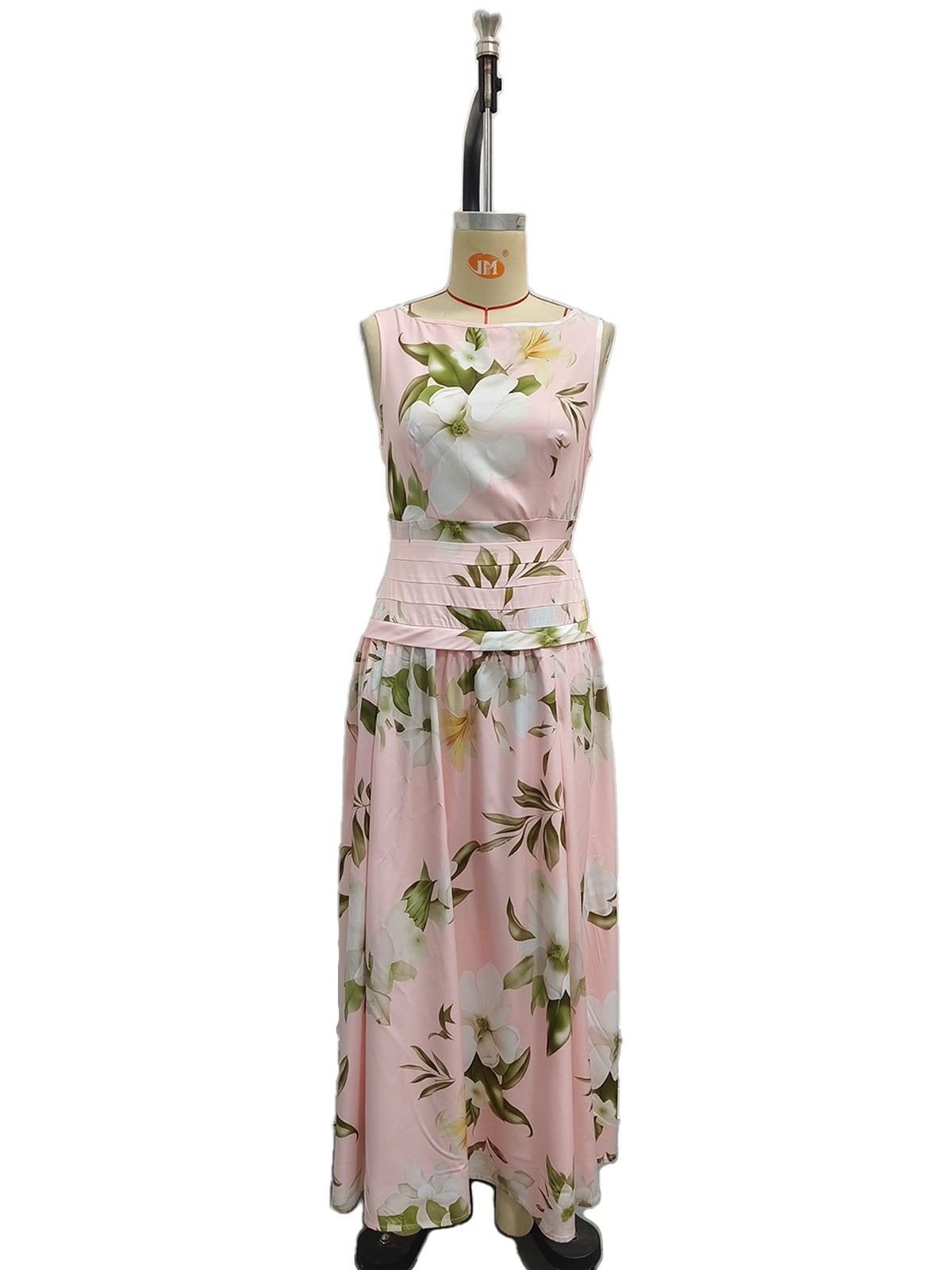Mouwloze damesjurk met V-hals bloemenprint open rug en getailleerde lange rok