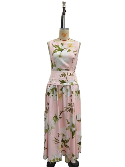 Mouwloze damesjurk met V-hals bloemenprint open rug en getailleerde lange rok
