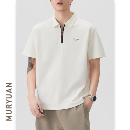 Men's Zipper Letter Embroidery Short Sleeve Polo Shirt