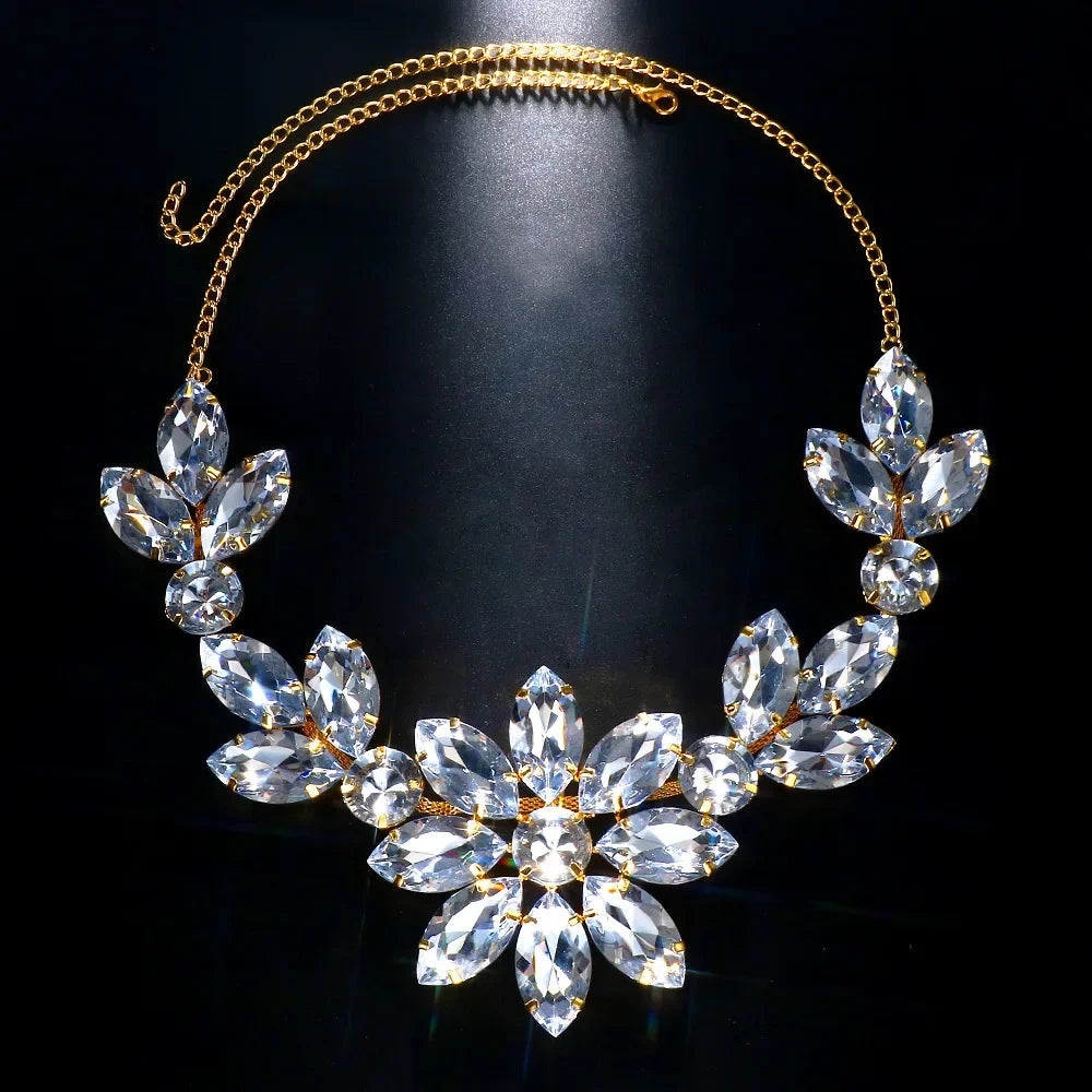 Flower Pendant Exaggerated Rhinestone Necklace Wedding for Women Statement Chain Large Crystal Collar Choker Party Jewelry