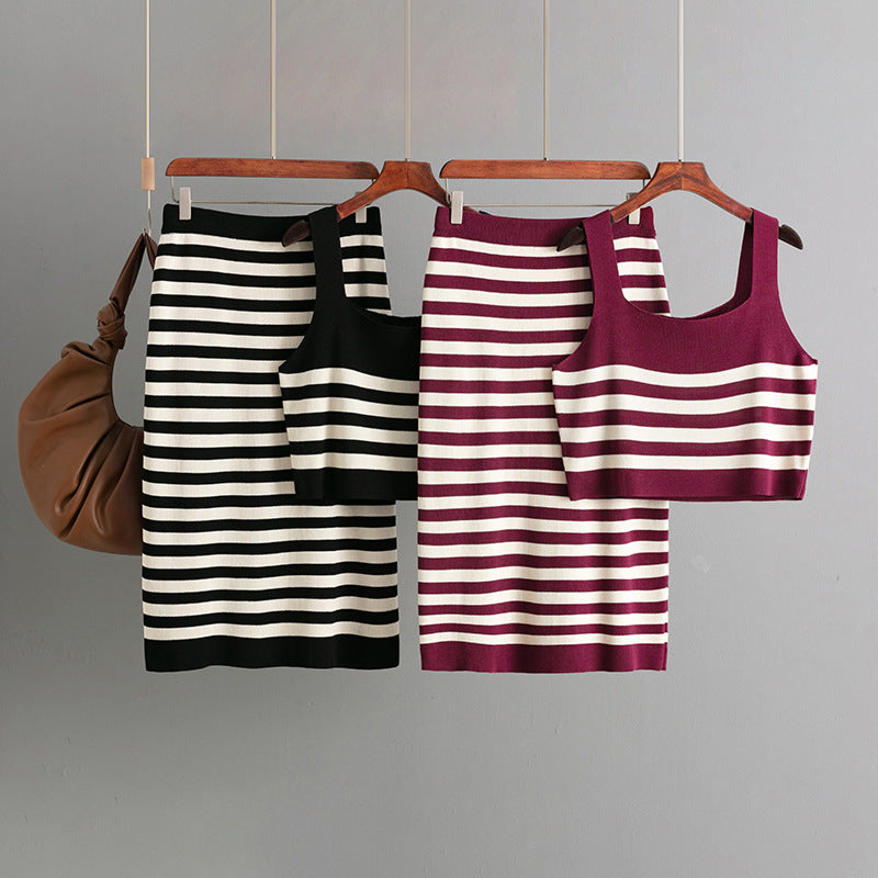 2-delige set midi-rok en crop top met strepen