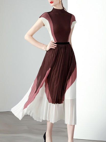Summer Pleated Two Piece Sets For Women Mock Neck Short Sleeve Print Top Elastic Waist Loose Skirt Female Set