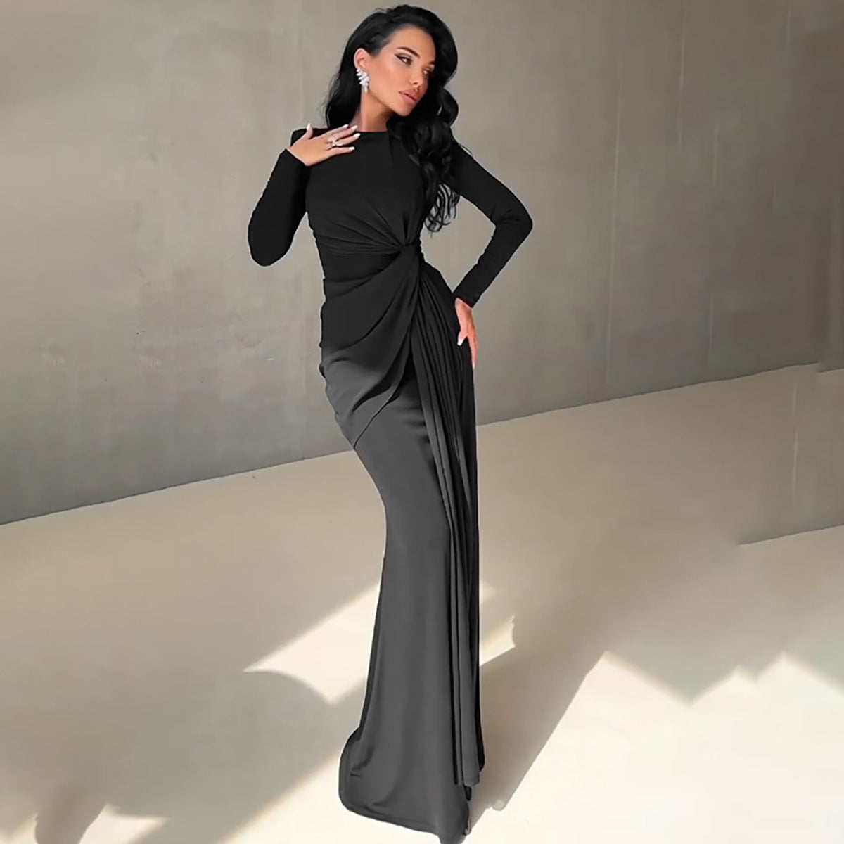 Elegant Long Sleeve Knot Solid Color Dress for Autumn and Winter