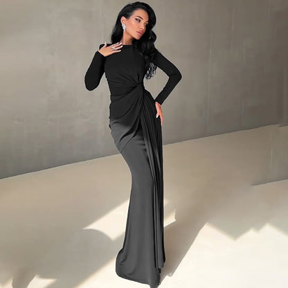 Elegant Long Sleeve Knot Solid Color Dress for Autumn and Winter