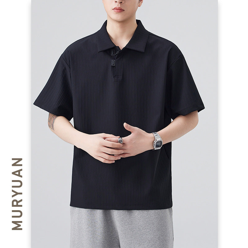 Style Button-Down Collar Polo Shirt Men's Nylon Quick-Dry Stripe T-Shirt