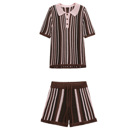 Gestreept gebreide topje + gebreide shorts voor dames