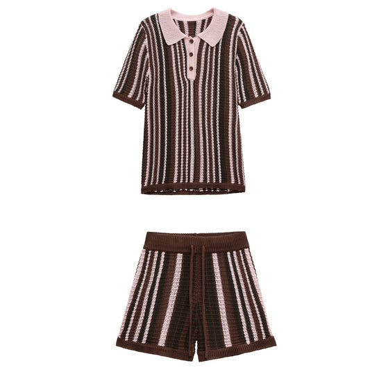 Gestreept gebreide topje + gebreide shorts voor dames