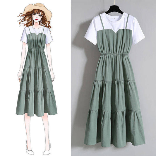 Plus Size Women's  Strap Fake Two-Piece Long Dress Fat Girl Waist-Slimming Short Sleeve Dress