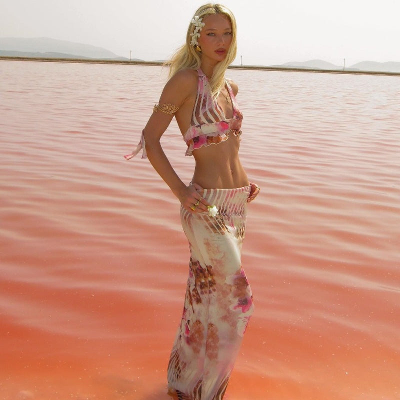 Hanging neck print sexy vacation casual set
