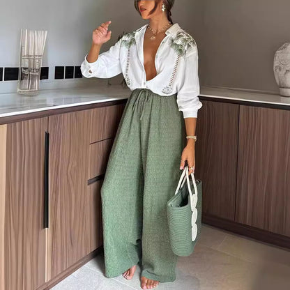 Spring and Autumn New Printed Long Sleeve Single Breasted Long Pants Set INS Casual Loose Two-piece Set