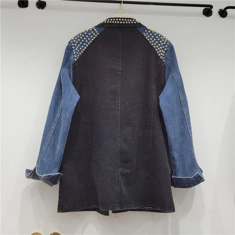 Mid Long Rivet Diamonds Denim Spliced Plaid Blazer Coat Women Autumn New Loose Vintage Black Jeans Patchwork Suit Jackets Female