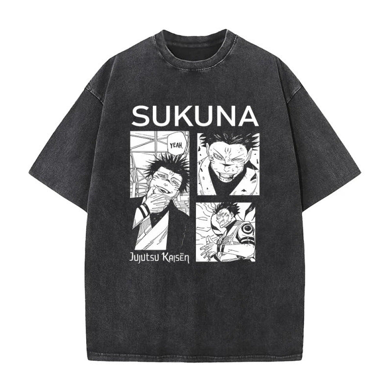 Summer AnimePrinted T-Shirt Cotton Washed Vintage Short Sleeve