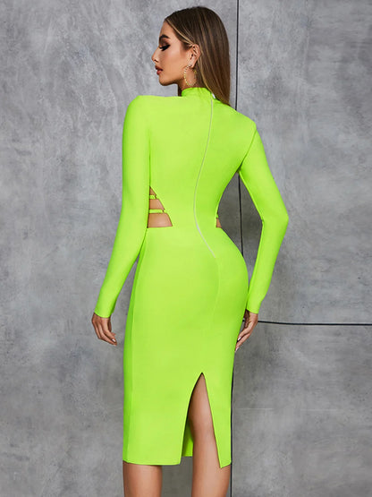 New Fluorescent Green Sexy Hollow Out Bodycon Design  Bandage Dress Women'S Long Sleeve Fashion Club Party Vesidos