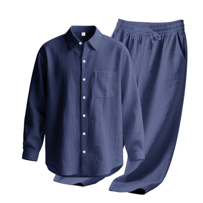 Linen solid color lapel buckle casual long sleeved pants men's suit