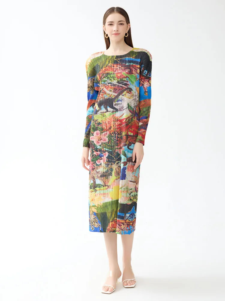 Miyake geplooide jurk met lange mouwen en print voor dames