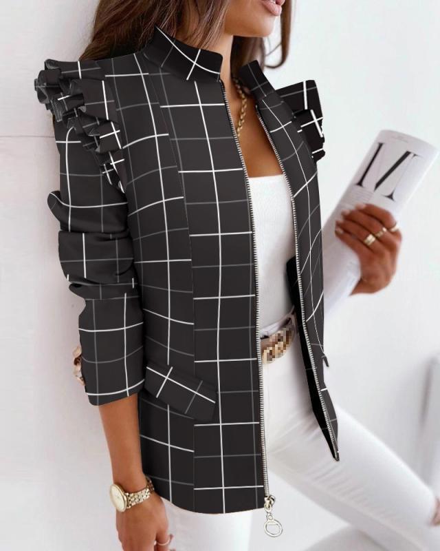 Flounce Sleeve Long Sleeve Zipper Printed Blazer Coat for Women