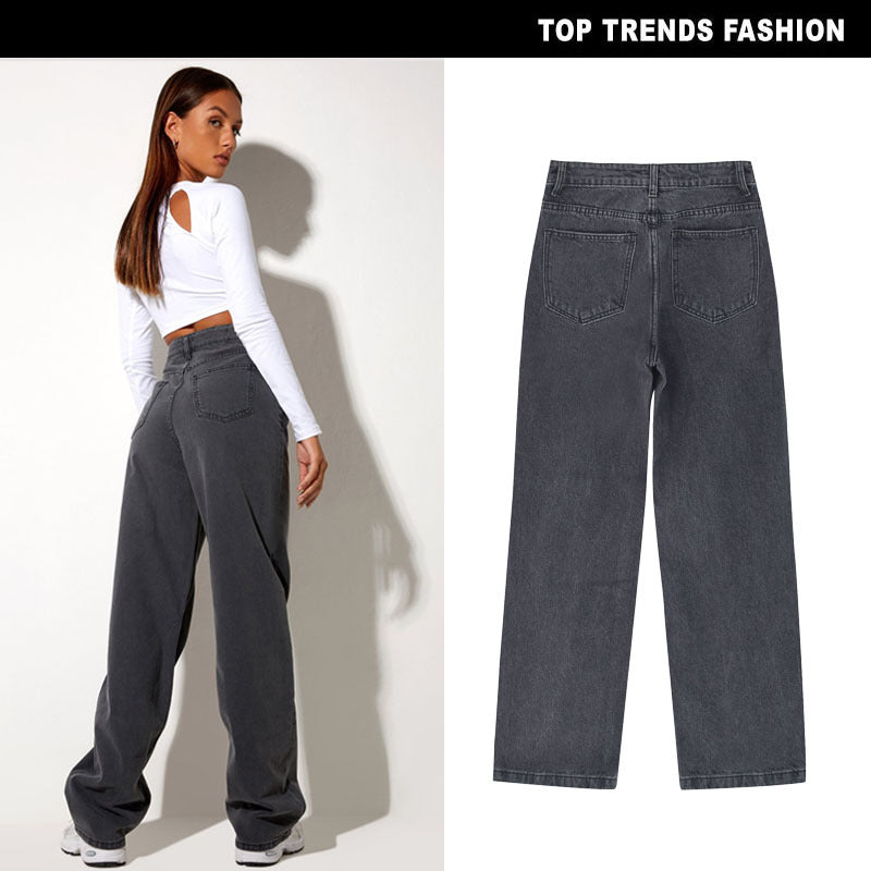 Coole grijze denim broek met hoge taille en losse rechte pijpen