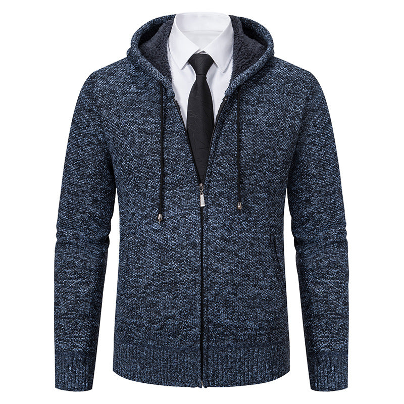 Autumn and winter men's cardigan sweater men's knitted sweater hooded and velvet casual men's knitted jacket