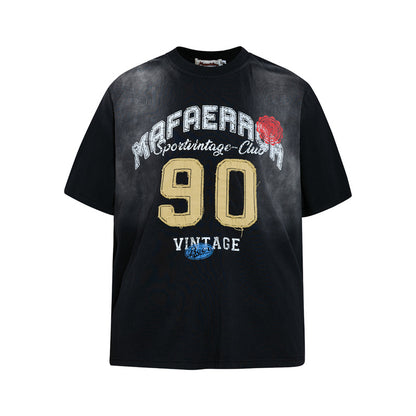Retro T-shirt met spuitverf borduurwerk en korte mouwen