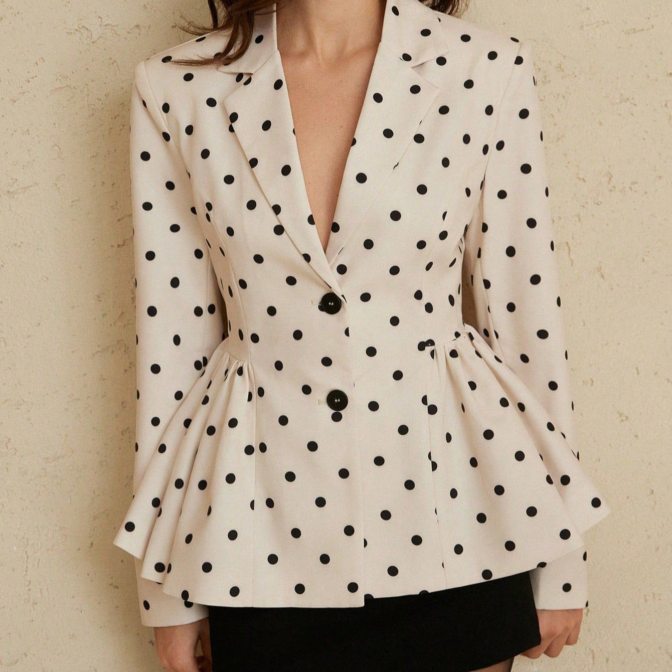 Chic Polka Dot Printed Blazer Coat for Women with Fitted Waist, Flared Skirt, Notched Lapel, Long Sleeve, Elegant Women's Suit Coat
