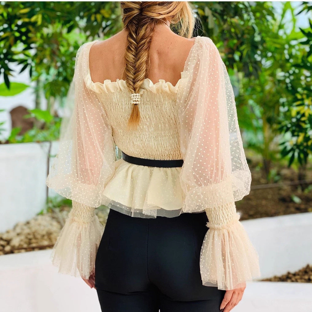 Women's Backless Pleated Mesh Top with Bubble Sleeves Chiffon Blouse