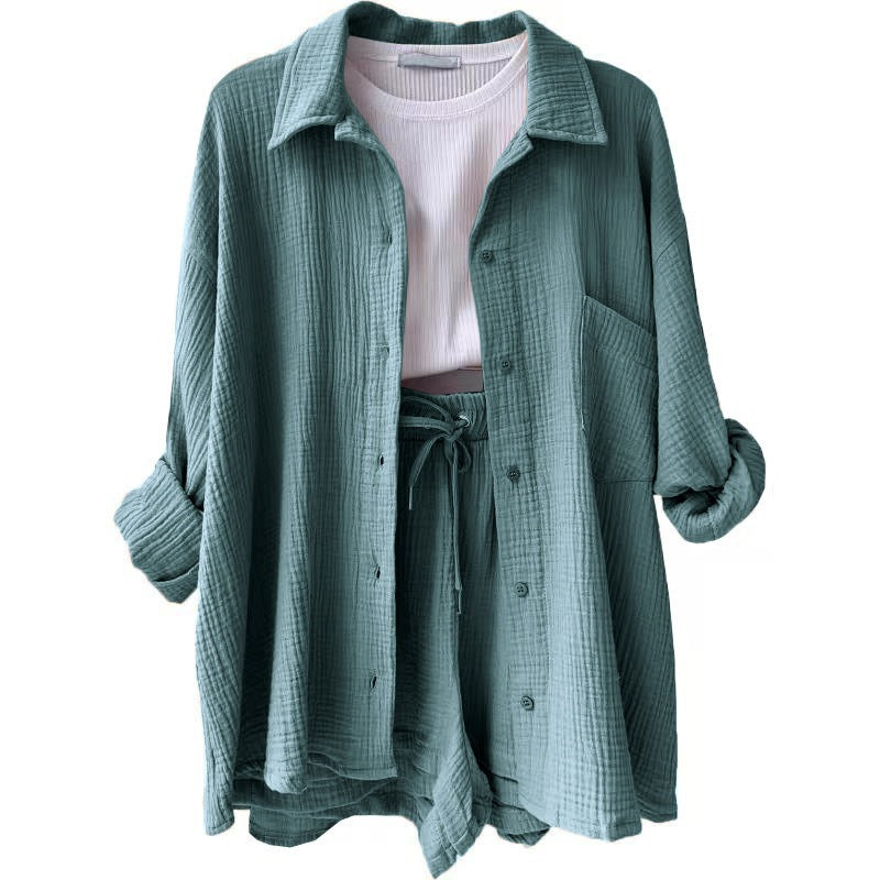 Wrinkled collar long sleeved shirt high waisted drawstring shorts two-piece set