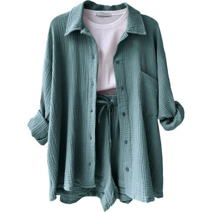 Wrinkled collar long sleeved shirt high waisted drawstring shorts two-piece set