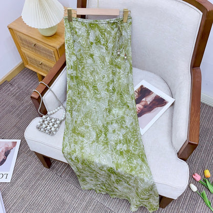 Sagestu Floating Green Ink Washed Paisley Long Dress Printed Hem Skirt