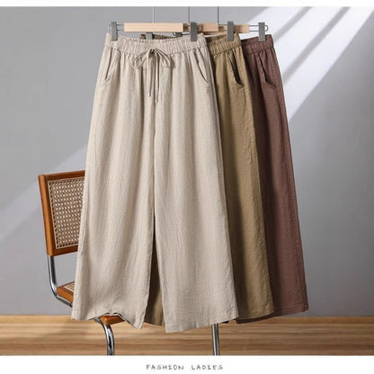 Katoen-linnen broek met wijde pijpen en hoge taille voor dames