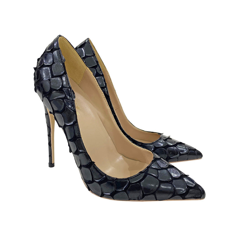 Black Python Pattern High Heels Women's 12Cm Pointed Toe Stiletto Shoes
