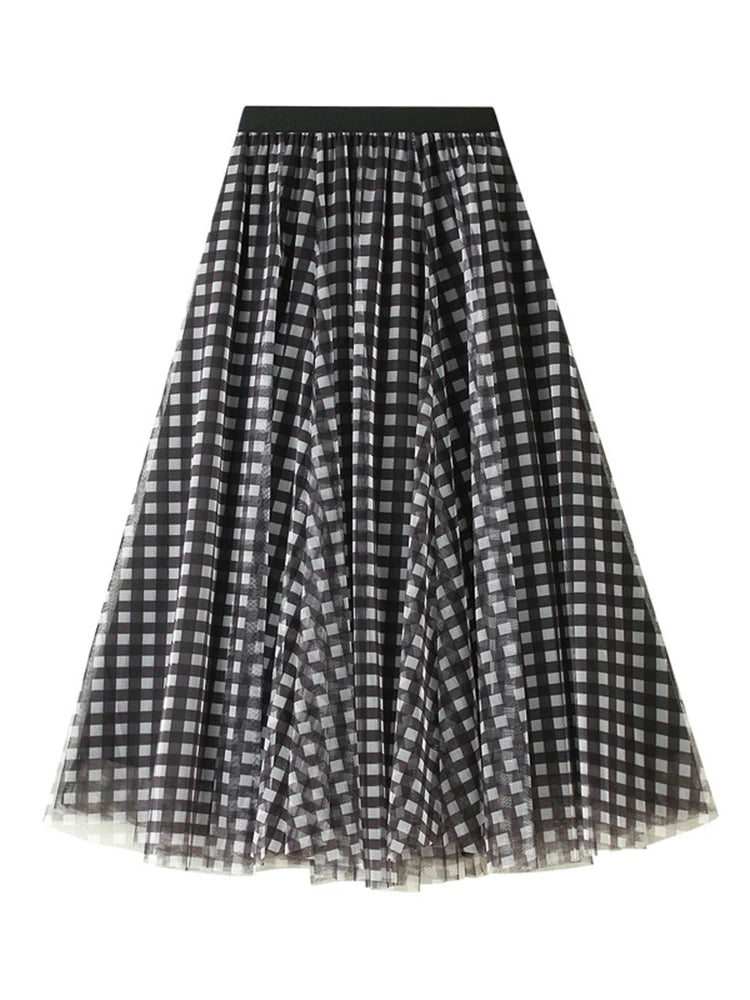 Qooth Women Patchwork Plaid Mesh Skirt Vintage High Waist Long Tulle A-line Skirt For Spring Summer