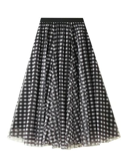 Qooth Women Patchwork Plaid Mesh Skirt Vintage High Waist Long Tulle A-line Skirt For Spring Summer