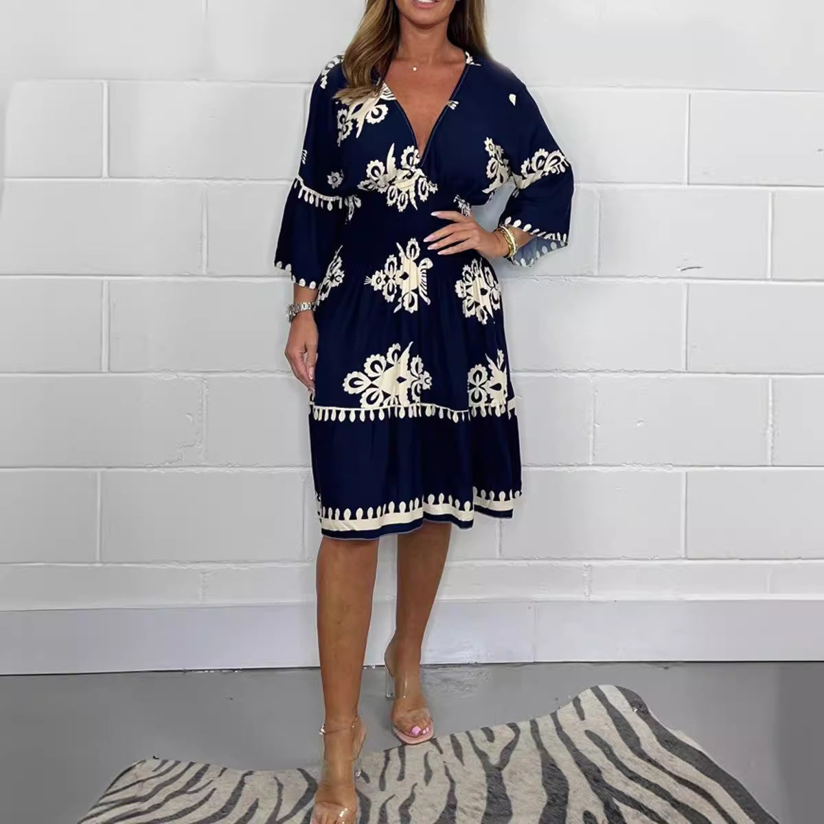 Elastic waist summer printed seven quarter sleeve dress